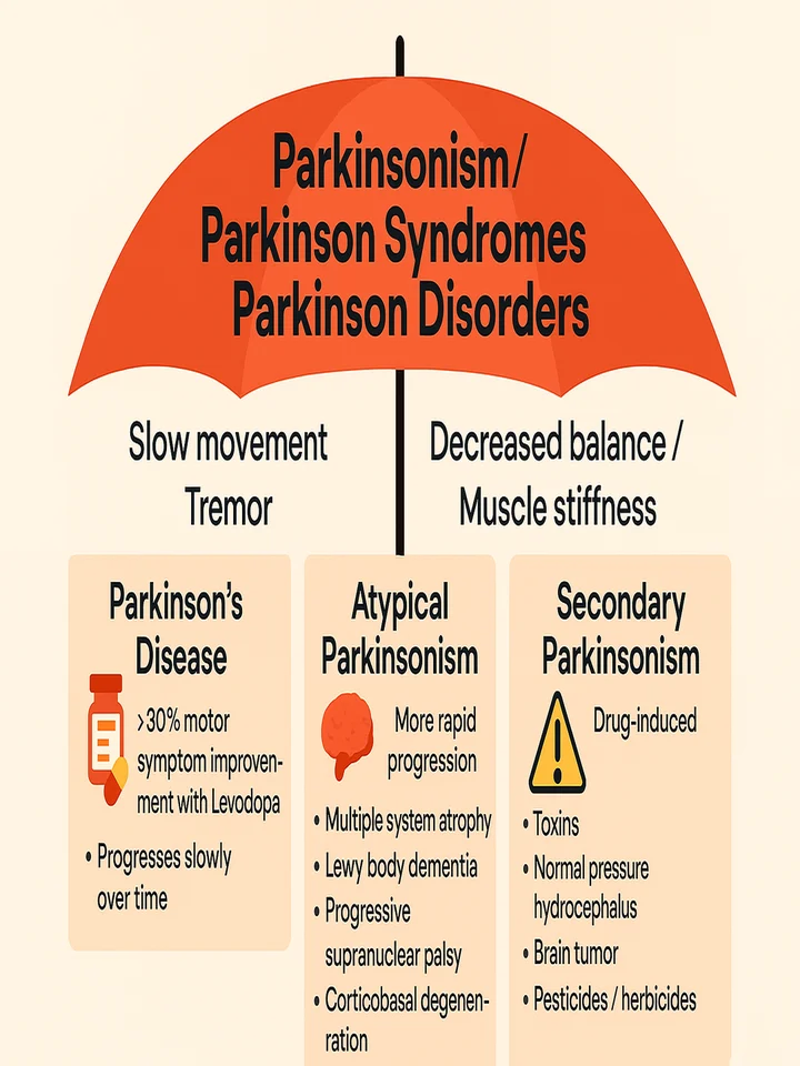 Umbrella diagram. Parkinsonism, Parkinson syndromes, and Parkinson disorders share slow movement, tremor, decreased balance, and muscle stiffness. Under the umbrella are three groups. Parkinson’s disease: more than 30% motor symptom improvement with levodopa, and progresses slowly over time. Atypical parkinsonism: more rapid progression; includes multiple system atrophy, Lewy body dementia, progressive supranuclear palsy, and corticobasal degeneration. Secondary parkinsonism: drug-induced, toxins, normal pressure hydrocephalus, brain tumor, and pesticides or herbicides.
